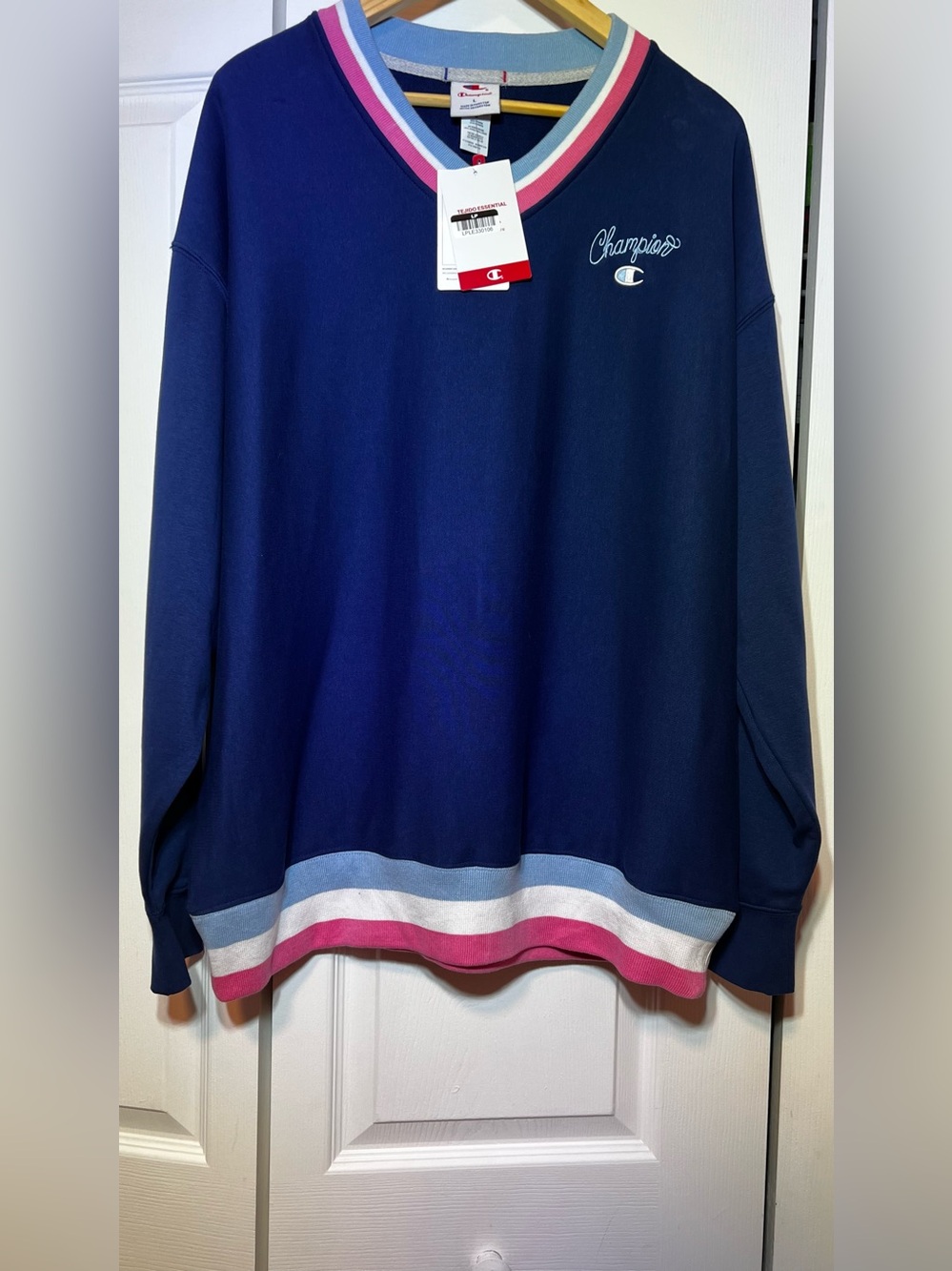 Champion Navy Crewneck Sweater with Pink, White & Light Blue Stripes